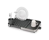 Joseph Joseph Duo Escurreplatos Extensible sobre Fregadero, Escurridor Platos de Cocina con Soporte para Utensilios y Caño De Drenaje, Acero Inoxidable, Gris 