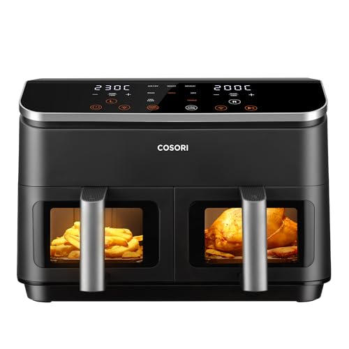 Cosori Friggitrice ad Aria Doppio Cestello 8,5 Litri, Con Finestra, Nero