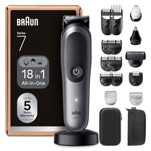 Braun Rasoio Elettrico Barba e Capelli Serie 7, Accessori AIO7585 Grigio  Rifinitore All-in-One 18in1