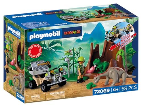 [Prime] Zabawka PLAYMOBIL Dinos Kryjówka dinozaurów | Dino Explorer z quadem, małym T-Rexem i małym Brachiosaurusem | 72...