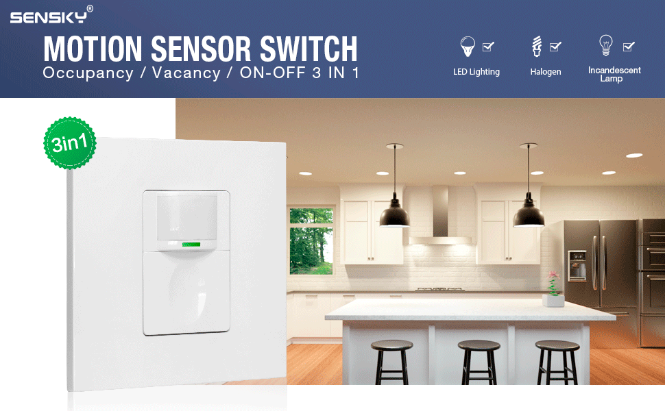 Sensky Motion Sensor Switch features: motion sensor, detection range, time-delay, ambient light, 3-in-1 modes, fire-resistant materials