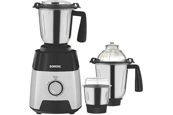 Borosil Silverline Mixer Grinder, for Wet/Dry Mixing & Grinding, 750 Watts, 3 Stainless Steel Jars (400 ml Chutney Jar, 1.5 L Blending Jar, 1.2 L Dry/