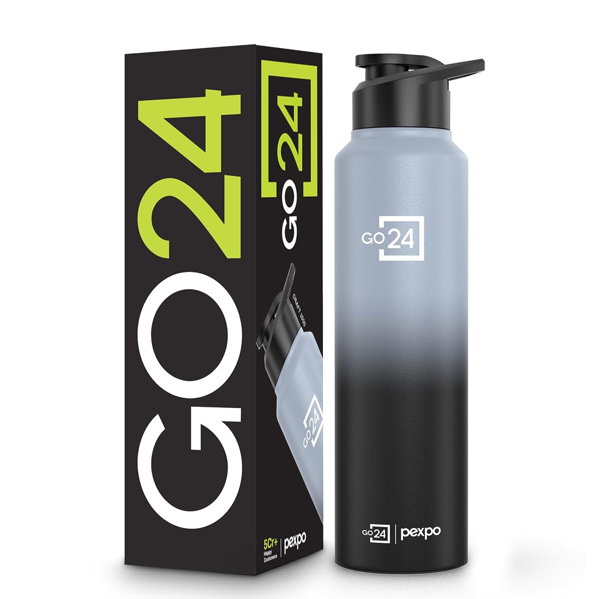 Go24 pexpo Stainless Steel Water Bottle 1 ltr, Fridge Bottle | 950ml, Sipper Cap, Lightweight, Leakproof, BPA-Free, 1 Year Warranty, For Home, School, Office, Gym| Craft - Grey-Black
