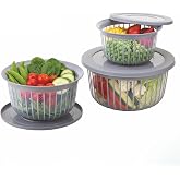 Amazon Brand - Solimo Plastic Linea Storage Containers with Lid Food Grade Set of 3 (1.3L, 2.3L & 3.8L) | Stackable Kitchen Storage Bowls, BPA-Free, M