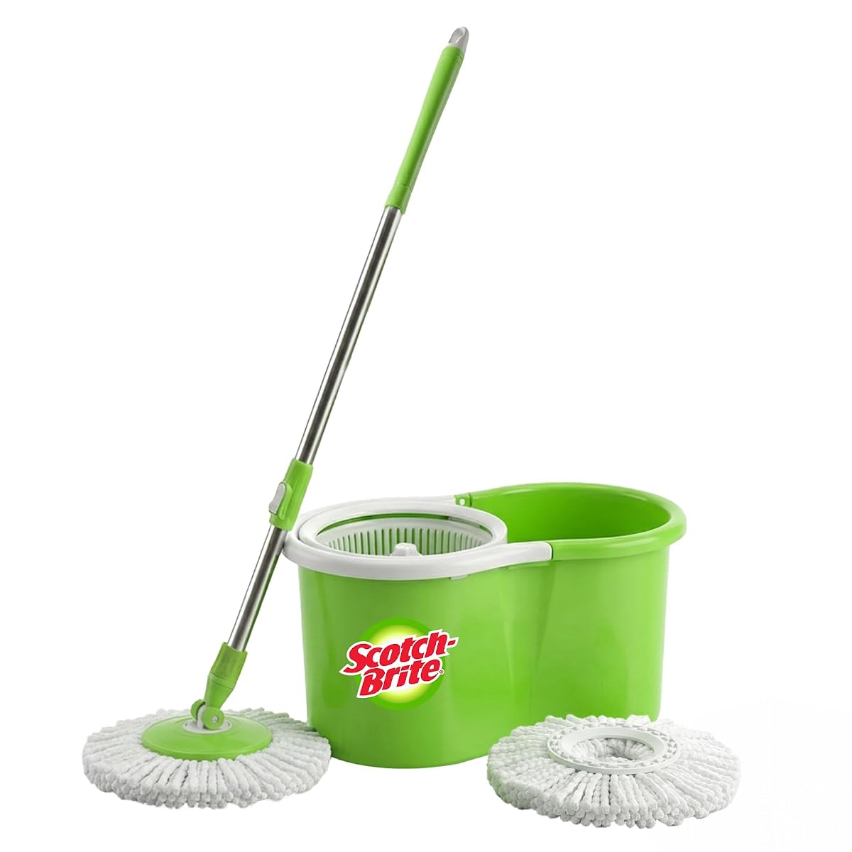 Scotch-Brite Twin Bucket Spin Mop with Easy Wring & Rinse System, 360° Adjustable Handle, High Absorbency Microfiber for Deep Cleaning on All Floor Types, 1 Extra Refill (Green)