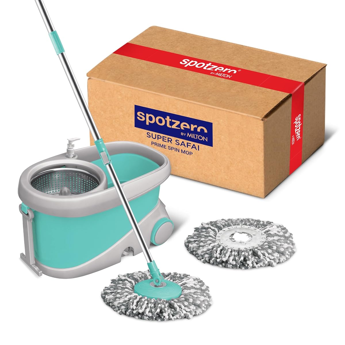 Spotzero by Milton Prime Stainless Steel Wringer Spin Mop with Big Wheel, Puller Handle, Bucket Floor Cleaning and Mopping System 360° Flexible,2 Microfiber Refills, Big Size, Aqua Green
