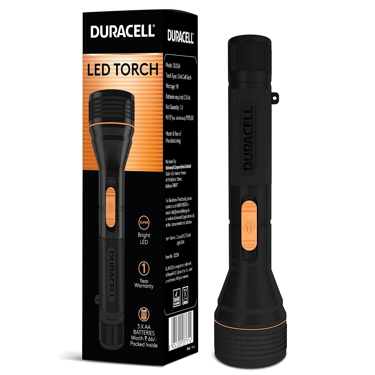 Duracell LED Torch Light, Super Bright, 12000 LUX, Ultra-Light and Easy to Carry Design, Large Reflector, for Everyday Use, 3AA Batteries Free, Black