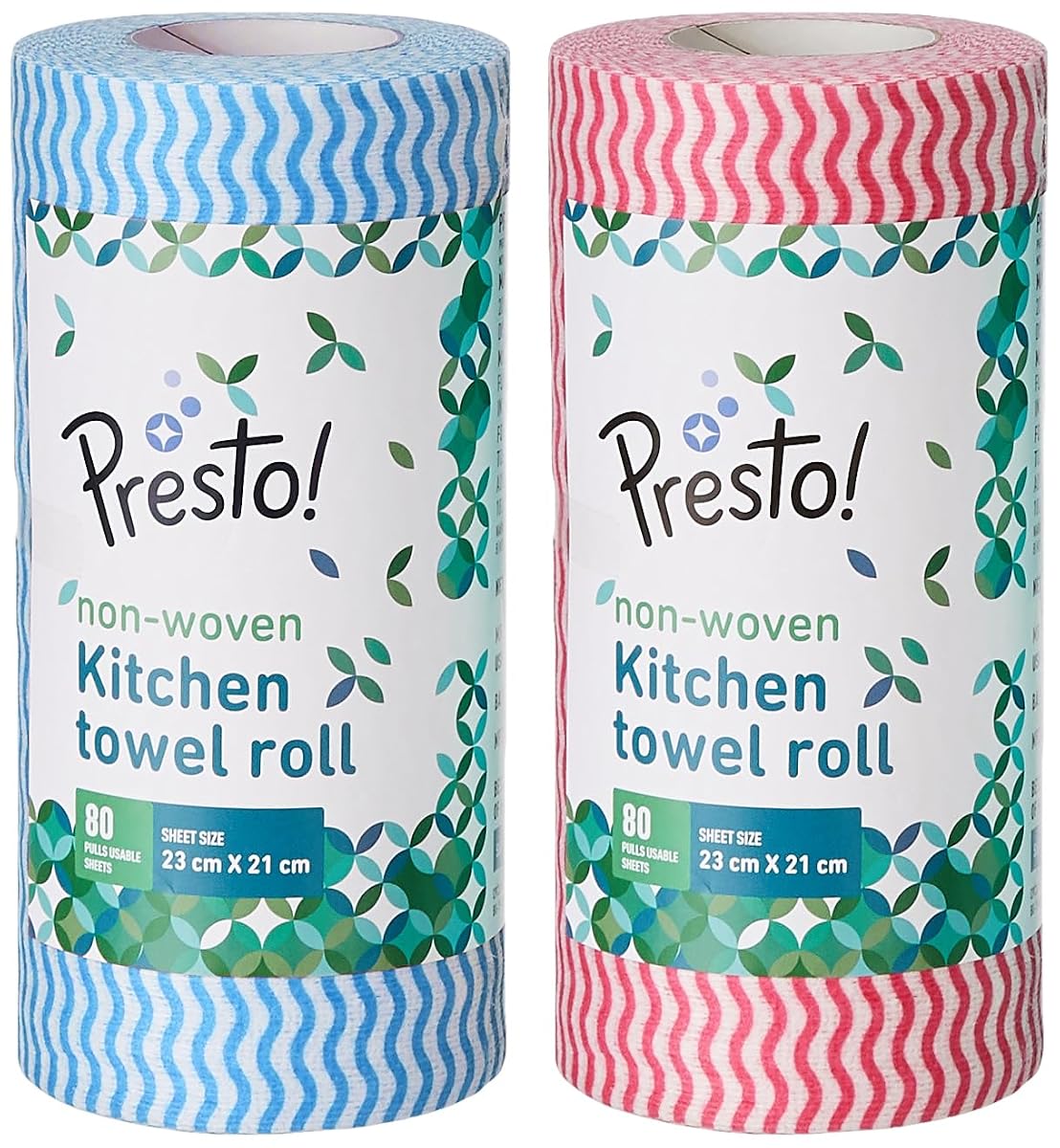 Amazon Brand - Presto! Non-Woven Kitchen Towel Roll | 80 Pulls (Pack of 2) | Size: 23 x 21 cm | Wavy Pattern (Red & Blue) | Washable and Reusable | Highly Absorbent | For Daily Use
