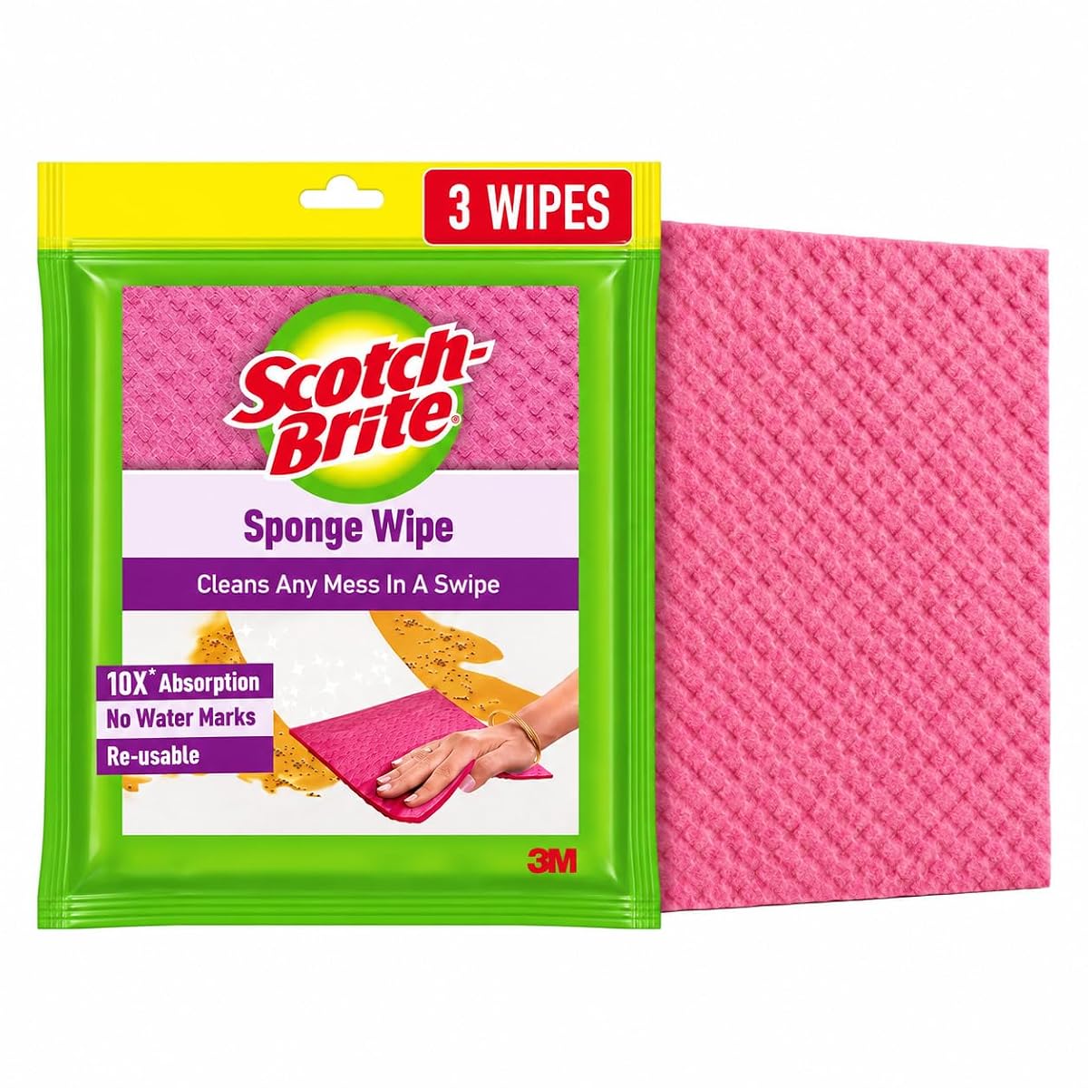 Scotch-Brite Sponge Wipes- Reusable, Kitchen and House Cleaning- Easy to use, Cleans any mess in a swipe, Absorbs water its own 10x weight, Multi- color, Biodegradable (pack of 3)