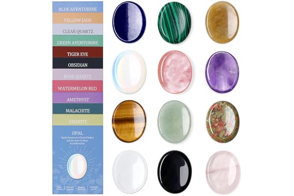 AWARDSEN Worry Stones 12 PCS Thumb Worry Stones Anxiety Relief for Adults | Healing Crystals Set Meditation & Spiritual Gifts for Women - Party Favours, Souvenir Gifts, Mindfulness Gemstones