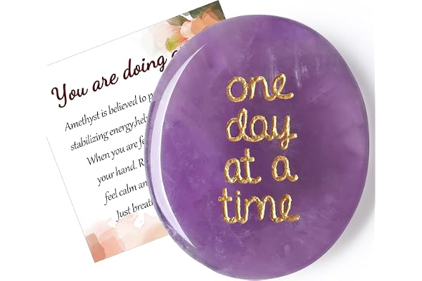 QINJIEJIE Crystal Gifts Amethyst Healing Crystals One Day at a Time Crystal | Anxiety Relief for Adults Worry Stones, You Got This Pocket Hug Purple Good Luck Mindfulness Spiritual Gifts for Women Men