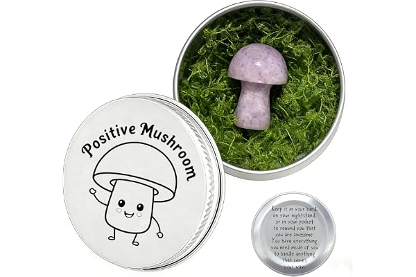 ZENTHRAA Amethyst Crystal Mushroom in Tin Box, Emotional Support Mushroom, Mushroom Trinkets & Gifts, Healing Crystal Gifts for Women, Spiritual Gift Set with Positive Message (Purple)