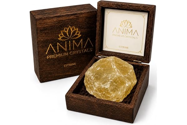 Anima® Large Citrine Crystal for Prosperity, Confidence and Creativity | Elegant wooden gift box with a large raw citrine from Brazil, measuring 5 to 6 cm, plus a crystal leaflet