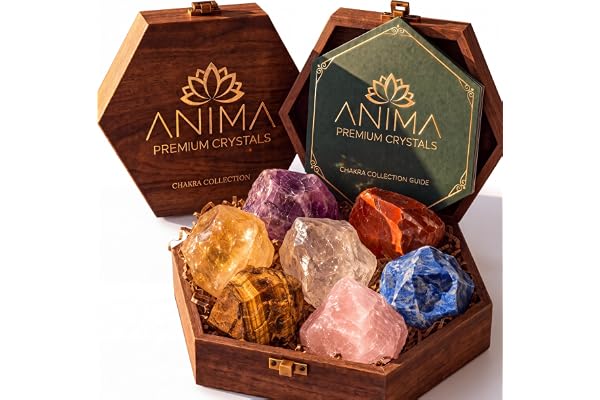 Anima® 7 Chakra Healing Crystals Set for Energy Alignment & Balance | Elegant wooden gift box with seven chakra crystals, including clear quartz and amethyst, plus a detailed guidebook